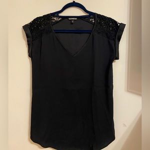 Express Women’s Black Top - Floral Embroidered Shoulders